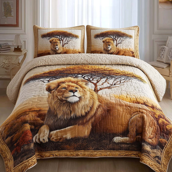 Golden Lion quilted 3-piece bedding set on a made bed with two matching pillow shams