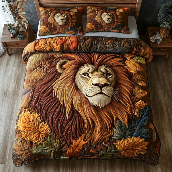 Golden Lion quilted 3-piece bedding set on a made bed with two matching pillow shams