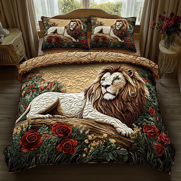 Golden Lion quilted 3-piece bedding set on a made bed with two matching pillow shams