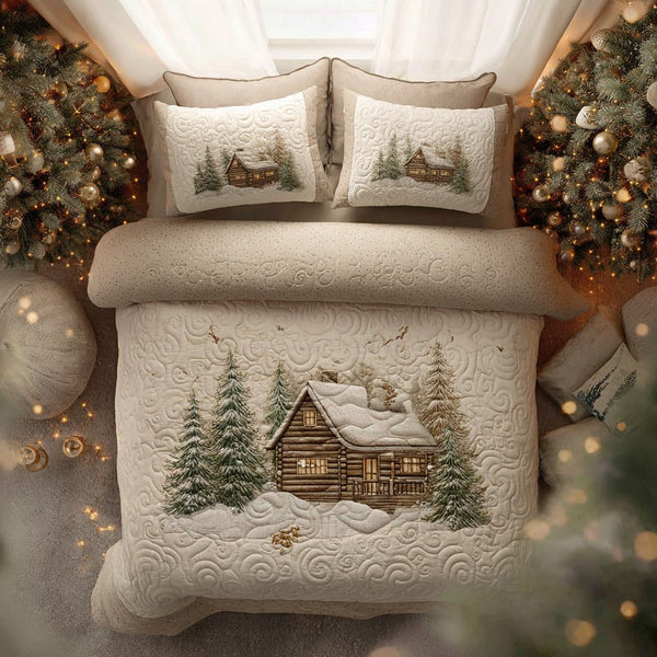 Golden Lodge quilted 3-piece bedding set on a made bed with two matching pillow shams