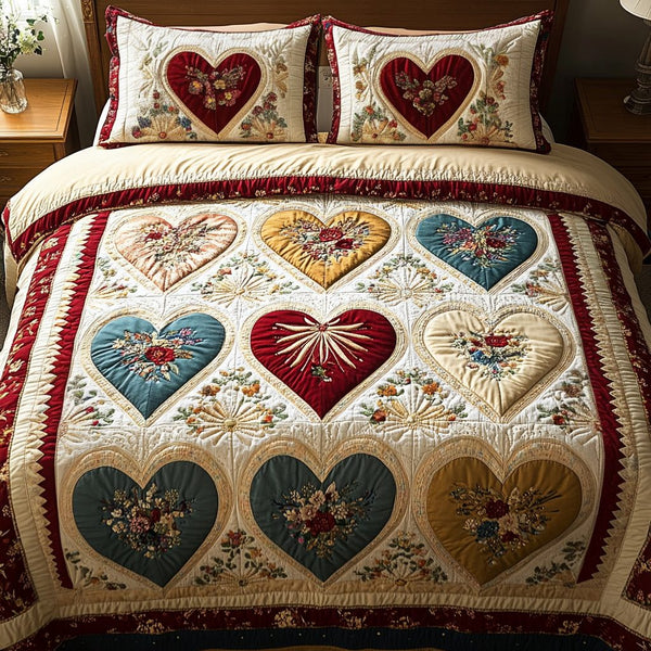 Golden Love quilted 3-piece bedding set on a made bed with two matching pillow shams