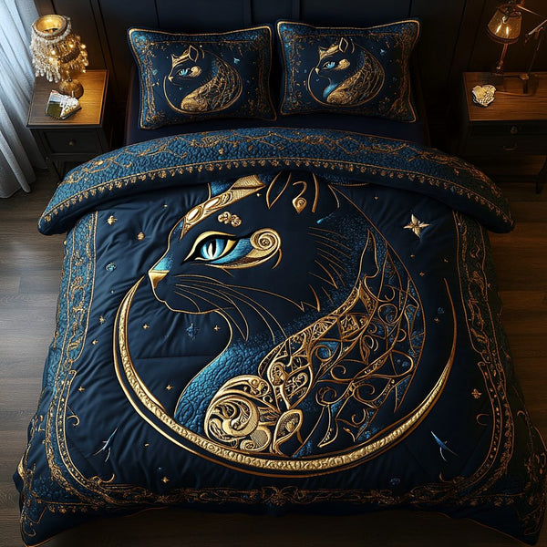 Golden Majesty quilted 3-piece bedding set on a made bed with two matching pillow shams