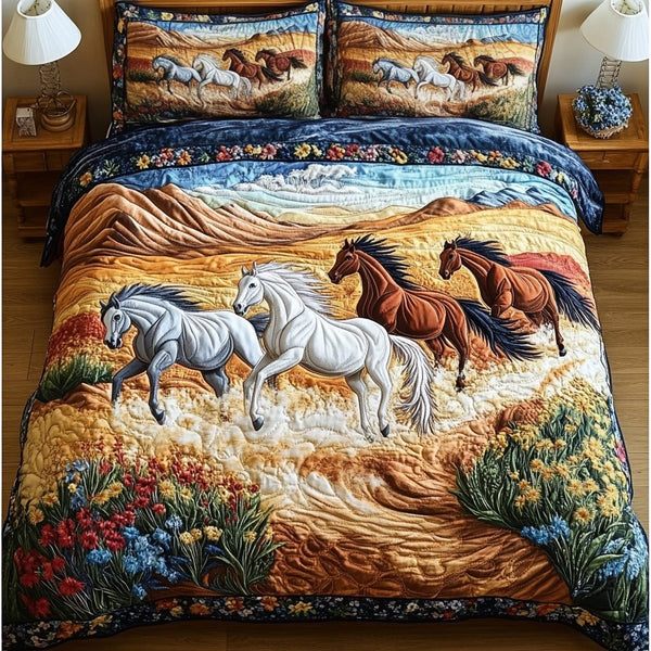Golden Mane quilted 3-piece bedding set on a made bed with two matching pillow shams