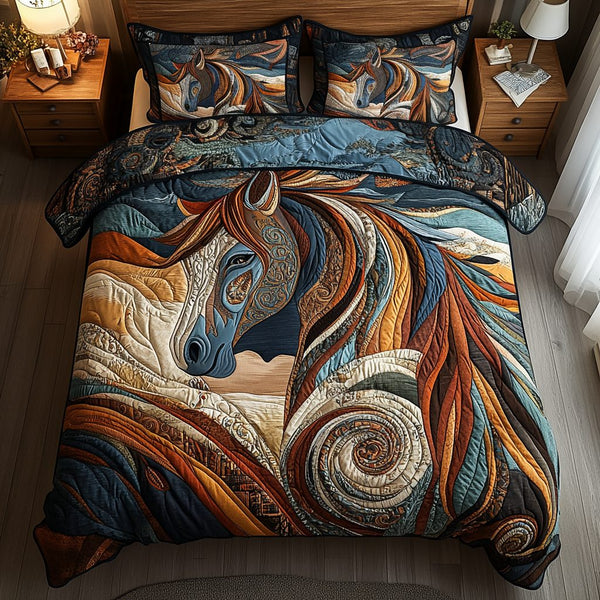 Golden Mane quilted 3-piece bedding set on a made bed with two matching pillow shams