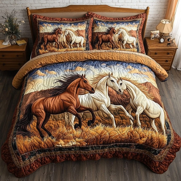 Golden Mane quilted 3-piece bedding set on a made bed with two matching pillow shams