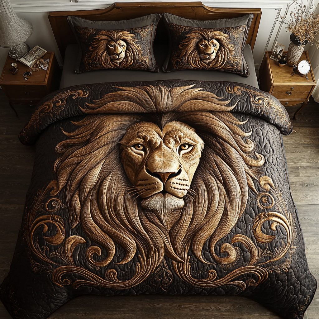 Golden Mane quilted 3-piece bedding set on a made bed with two matching pillow shams
