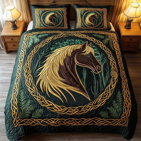 Golden Mane quilted 3-piece bedding set on a made bed with two matching pillow shams