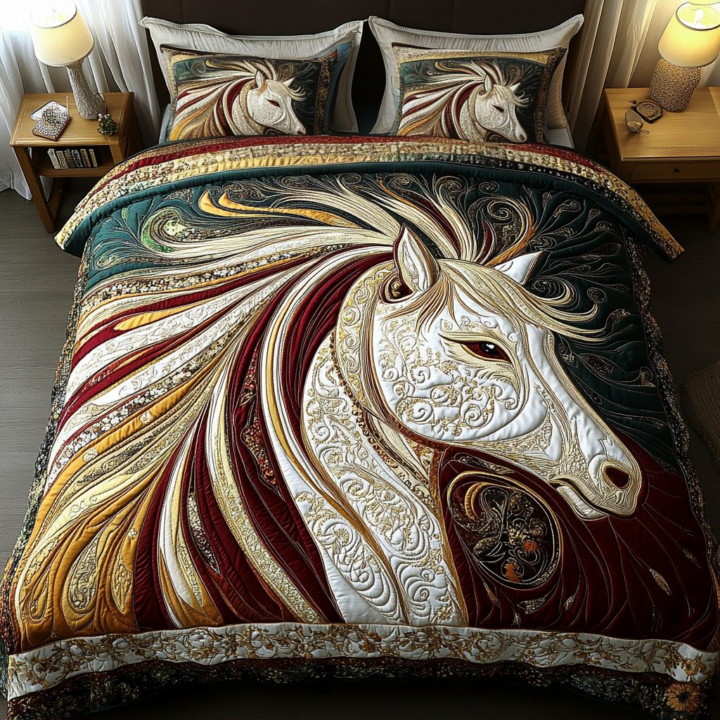 Golden Mane quilted 3-piece bedding set on a made bed with two matching pillow shams