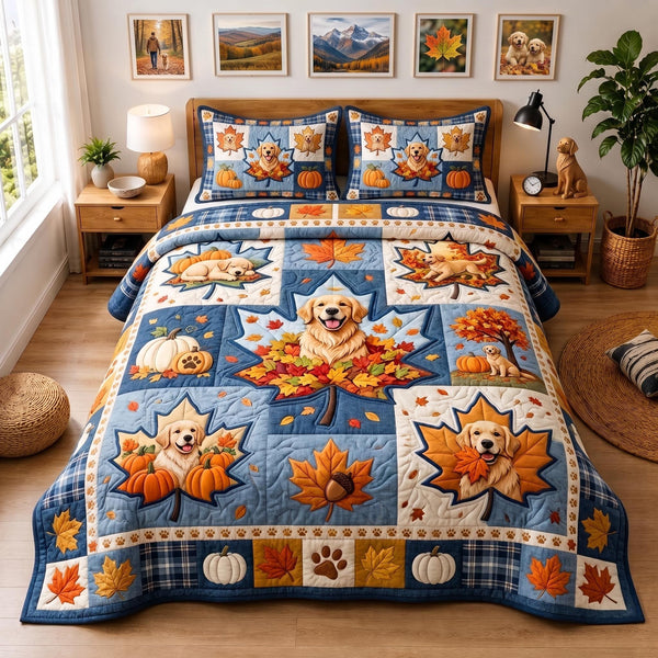 Golden Maple quilted 3-piece bedding set on a made bed with two matching pillow shams