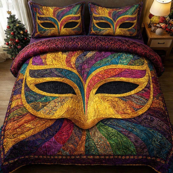 Golden Masque quilted 3-piece bedding set on a made bed with two matching pillow shams