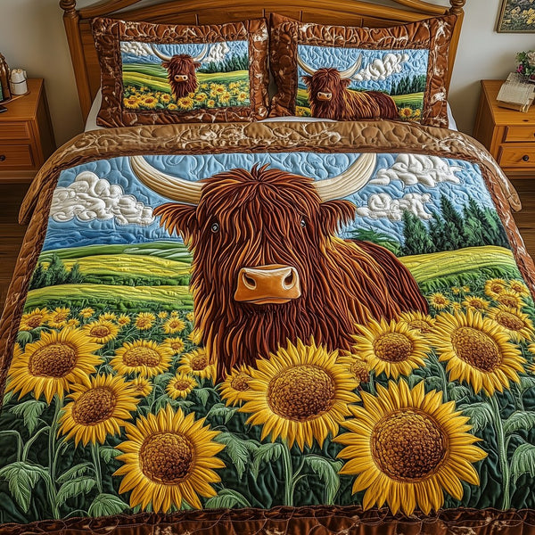 Golden Meadow Highland Cow quilted 3-piece bedding set on a made bed with two matching pillow shams