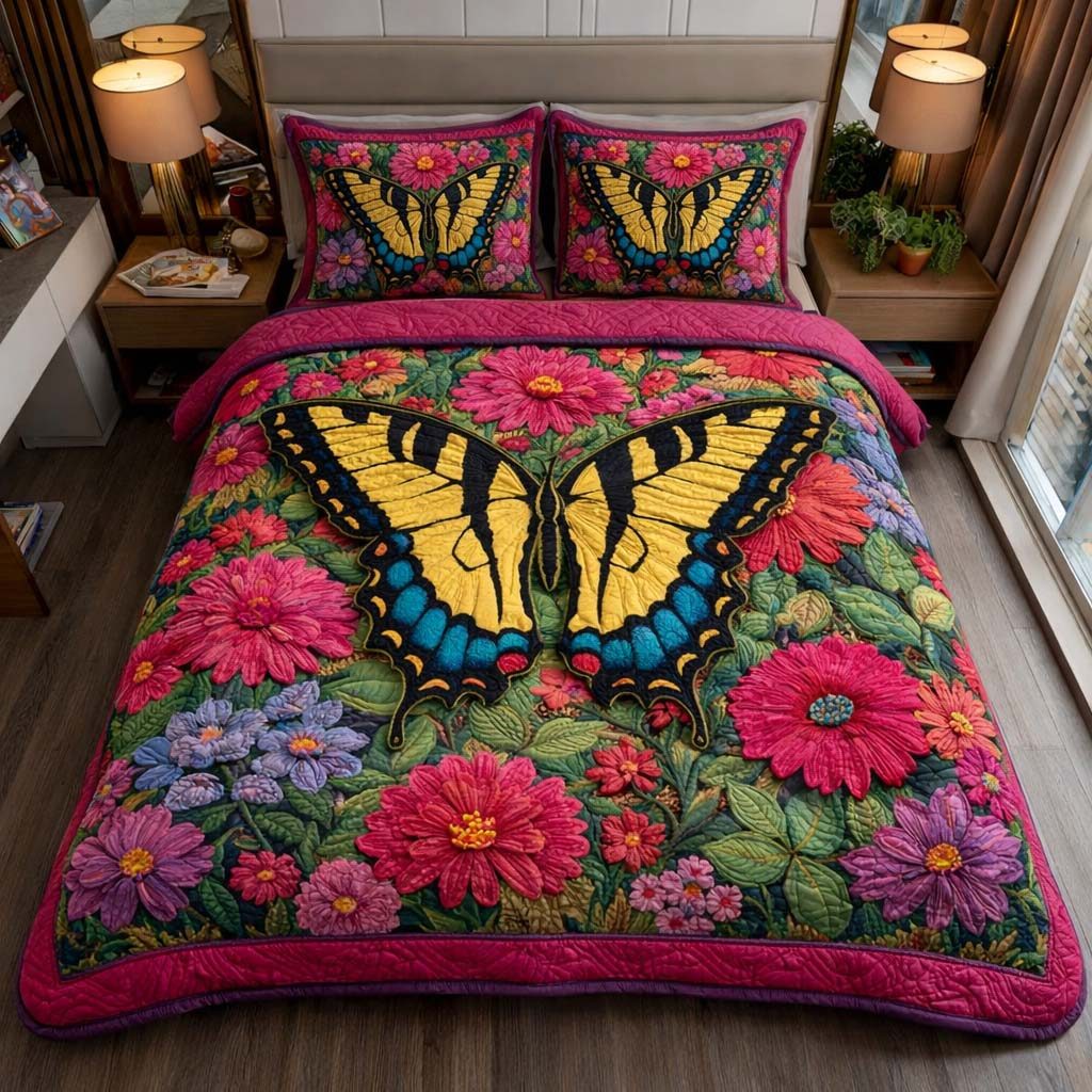Golden Meadow quilted 3-piece bedding set on a made bed with two matching pillow shams