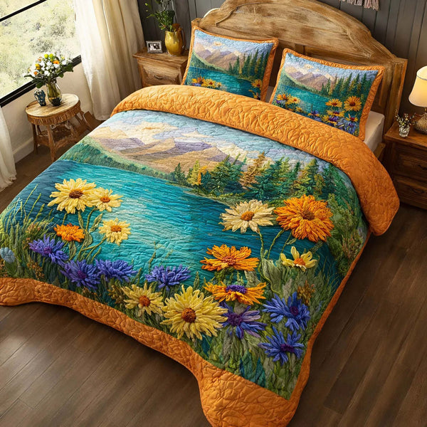Golden Meadow quilted 3-piece bedding set on a made bed with two matching pillow shams