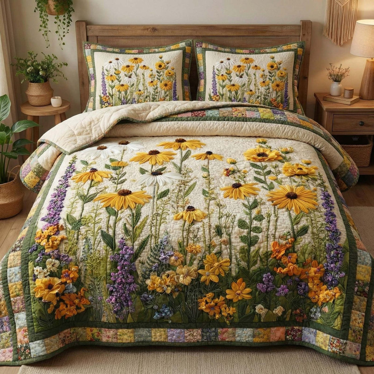 Golden Meadow quilted 3-piece bedding set on a made bed with two matching pillow shams