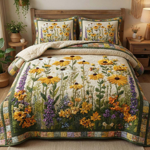 Golden Meadow quilted 3-piece bedding set on a made bed with two matching pillow shams