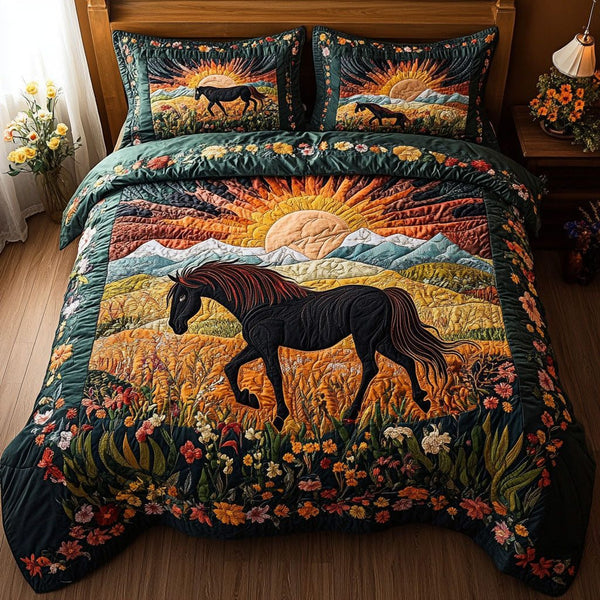 Golden Meadow Spirit quilted 3-piece bedding set on a made bed with two matching pillow shams