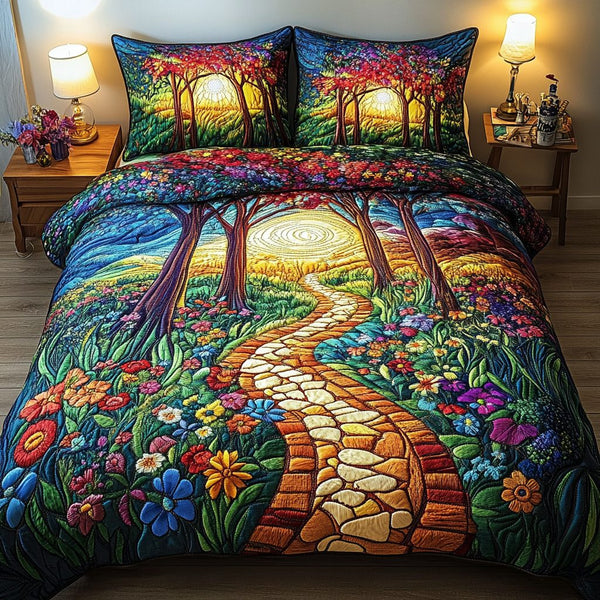 Golden Meadow Trail quilted 3-piece bedding set on a made bed with two matching pillow shams