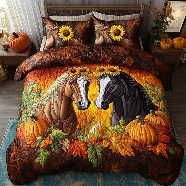 Golden Meadows quilted 3-piece bedding set on a made bed with two matching pillow shams