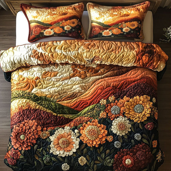 Golden Meadows quilted 3-piece bedding set on a made bed with two matching pillow shams