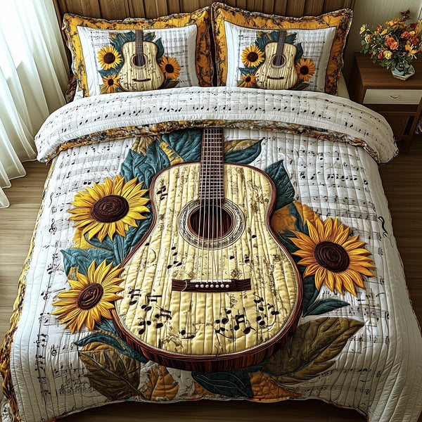 Golden Melody quilted 3-piece bedding set on a made bed with two matching pillow shams