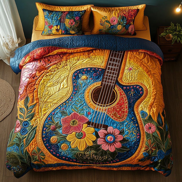 Golden Melody quilted 3-piece bedding set on a made bed with two matching pillow shams