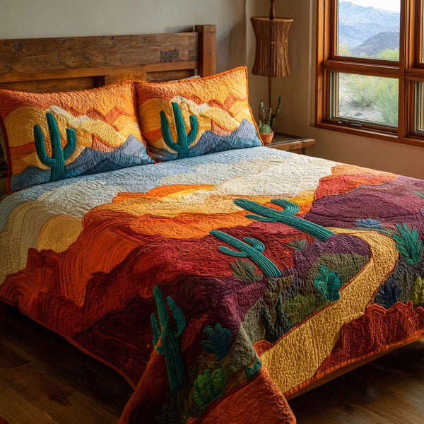 Golden Mesa quilted 3-piece bedding set on a made bed with two matching pillow shams
