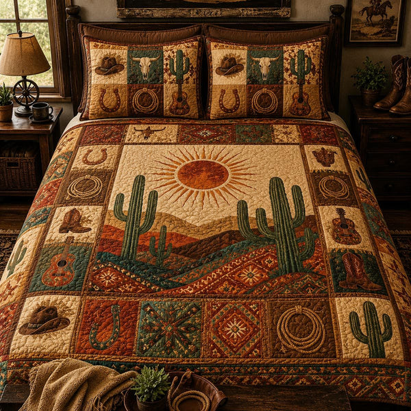 Golden Mesa Trails quilted 3-piece bedding set on a made bed with two matching pillow shams