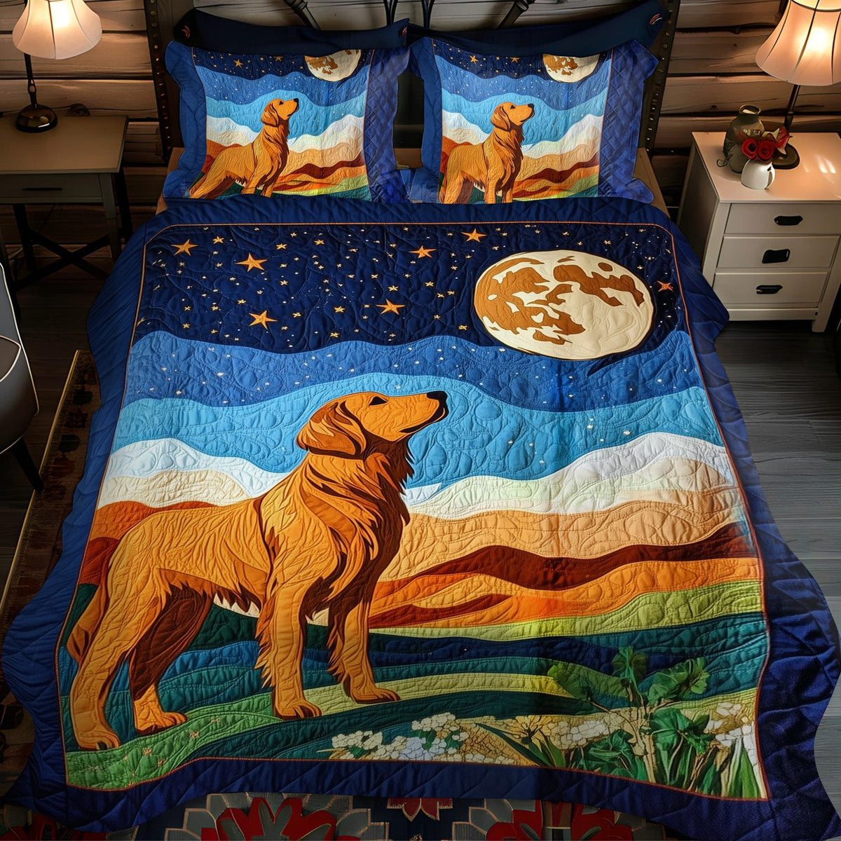Golden Moments quilted 3-piece bedding set on a made bed with two matching pillow shams