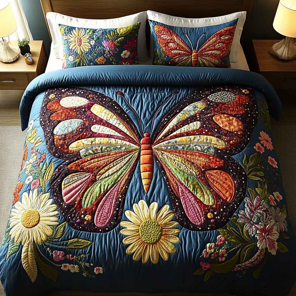 Golden Monarch quilted 3-piece bedding set on a made bed with two matching pillow shams