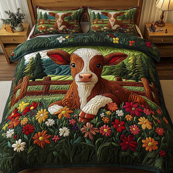 Golden Moo quilted 3-piece bedding set on a made bed with two matching pillow shams