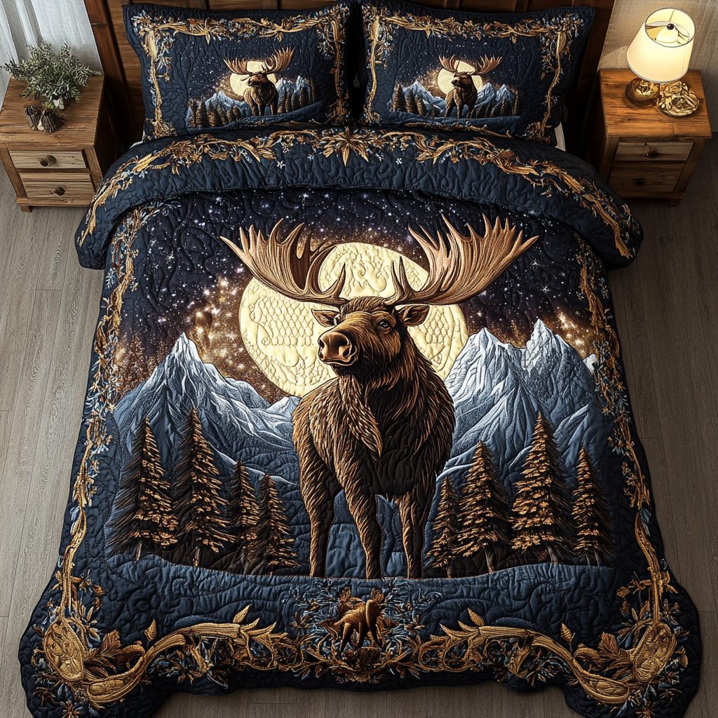Golden Moose quilted 3-piece bedding set on a made bed with two matching pillow shams