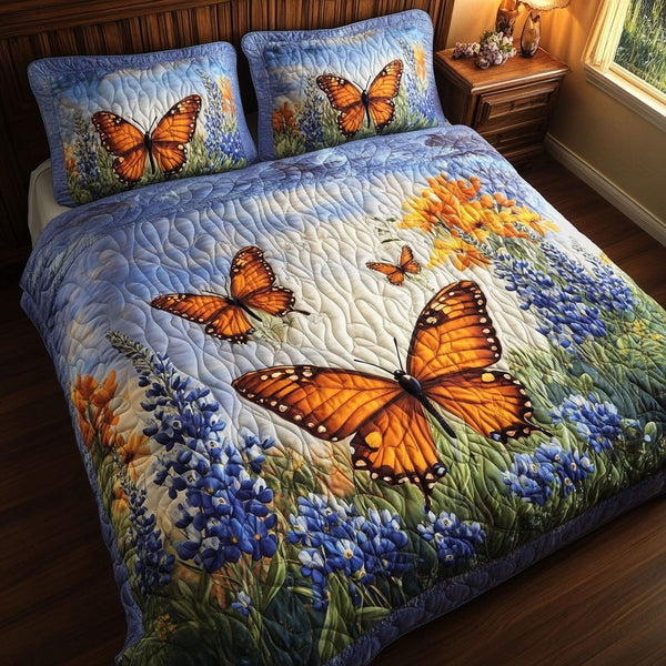 Golden Morning quilted 3-piece bedding set on a made bed with two matching pillow shams