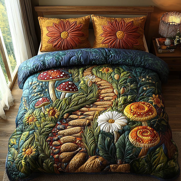 Golden Mushroom Path quilted 3-piece bedding set on a made bed with two matching pillow shams