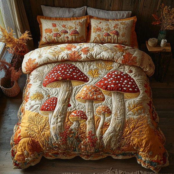 Golden Mushroom quilted 3-piece bedding set on a made bed with two matching pillow shams
