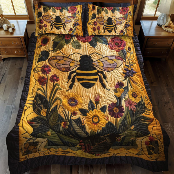 Golden Nectar Haven quilted 3-piece bedding set on a made bed with two matching pillow shams