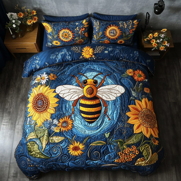 Golden Nectar quilted 3-piece bedding set on a made bed with two matching pillow shams