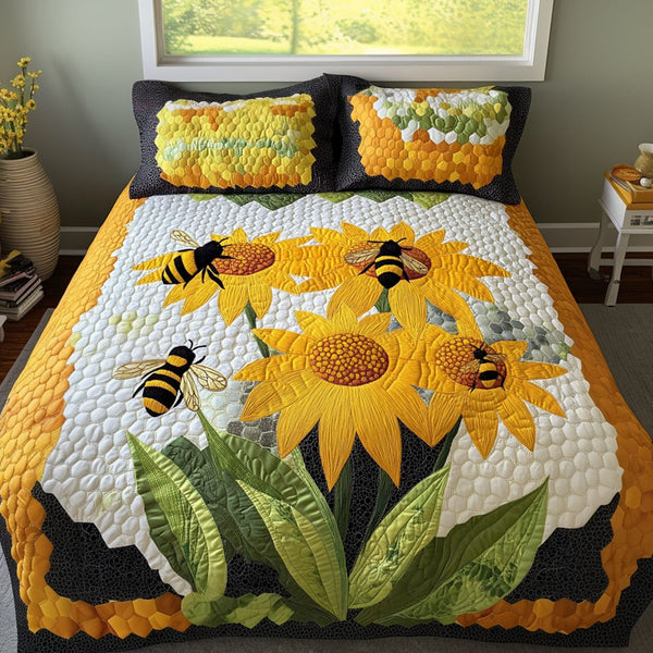 Golden Nectar quilted 3-piece bedding set on a made bed with two matching pillow shams