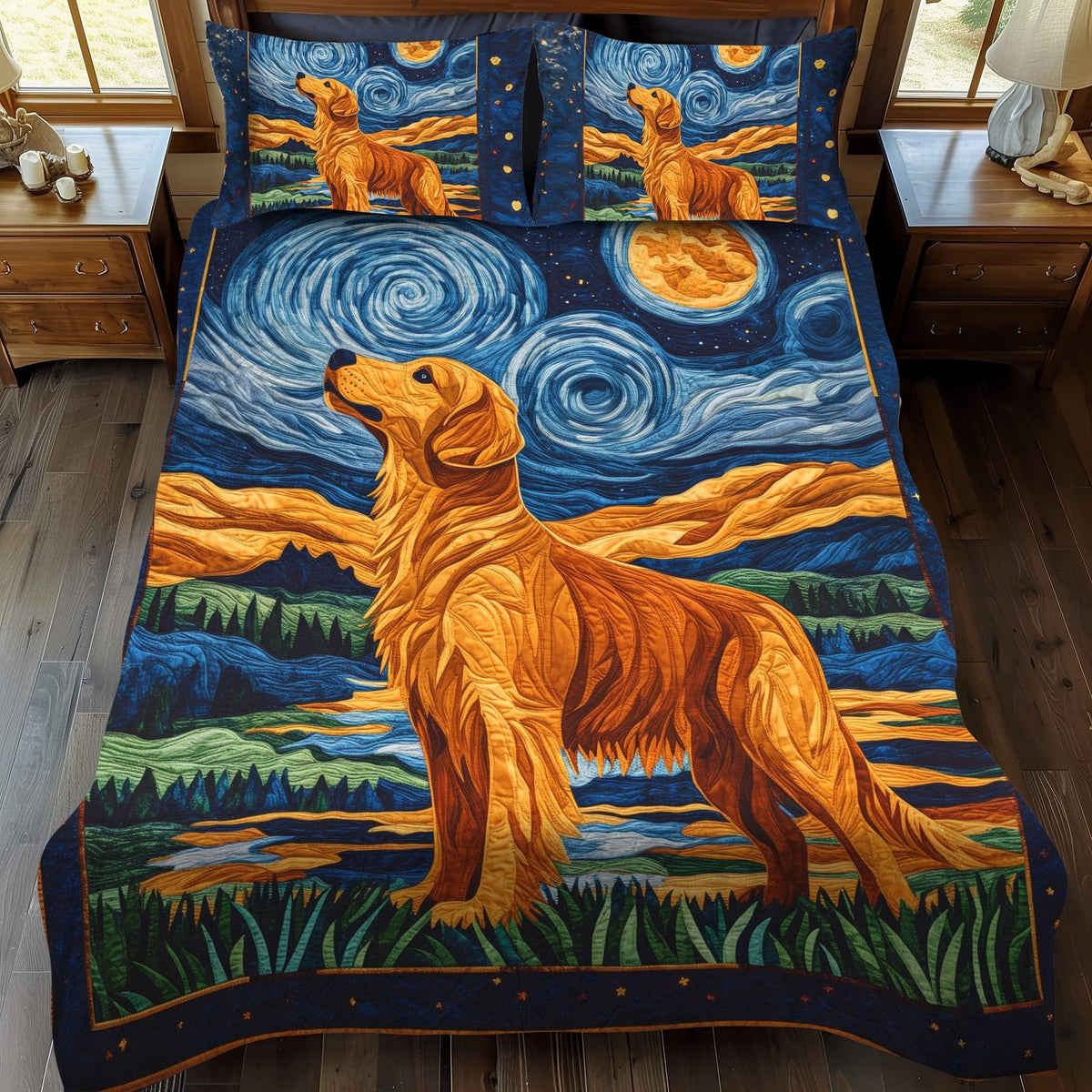 Golden Night Dreams quilted 3-piece bedding set on a made bed with two matching pillow shams