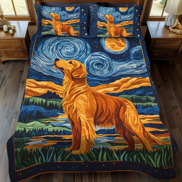 Golden Night Dreams quilted 3-piece bedding set on a made bed with two matching pillow shams