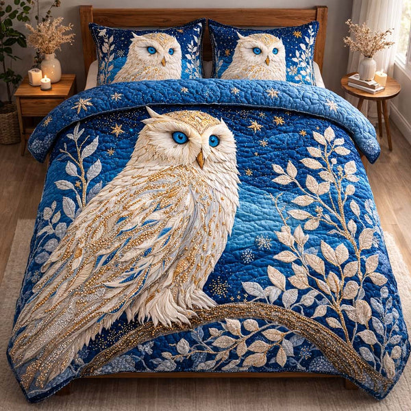 Golden Night Owl quilted 3-piece bedding set on a made bed with two matching pillow shams
