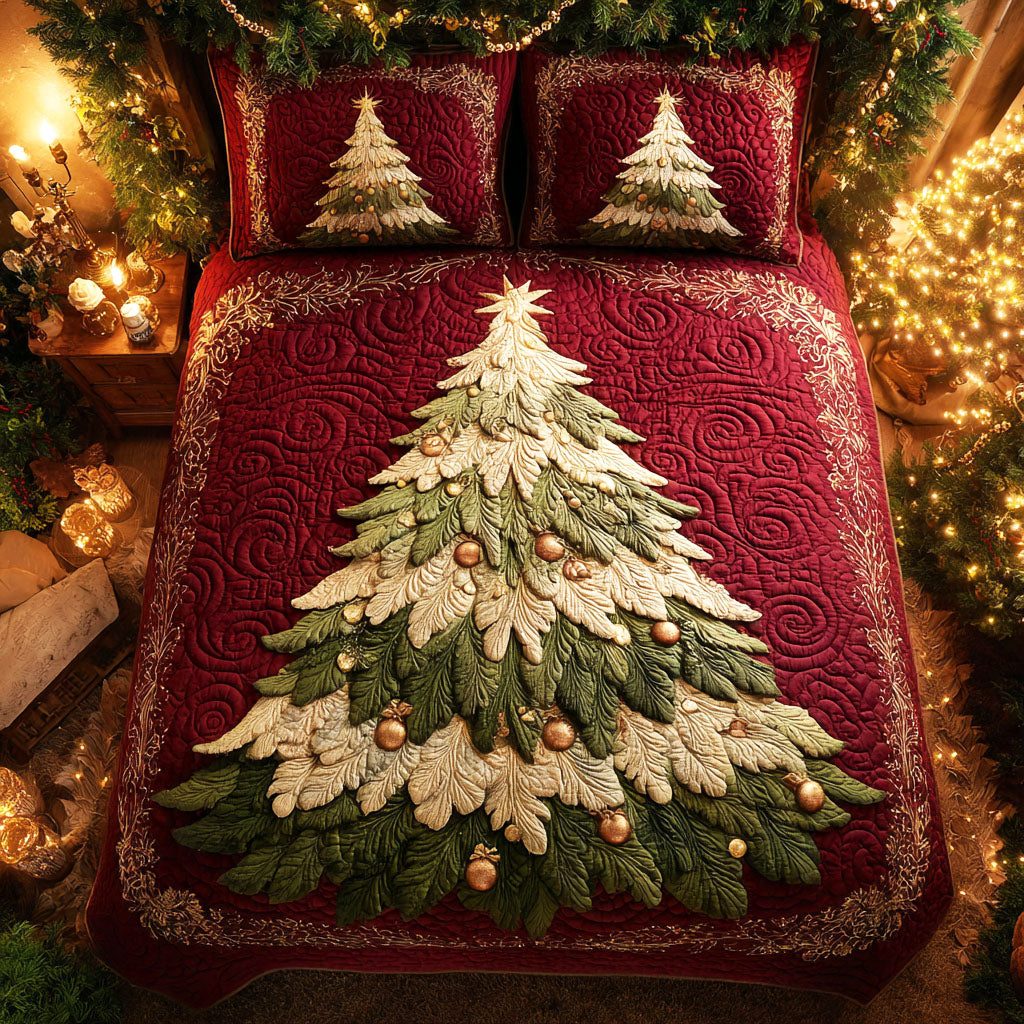Golden Noel quilted 3-piece bedding set on a made bed in a winter-styled bedroom