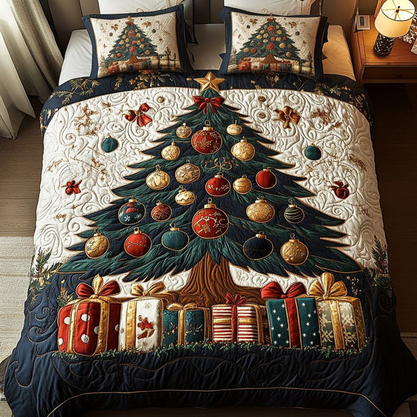 Golden Noel quilted 3-piece bedding set on a made bed in a winter-styled bedroom