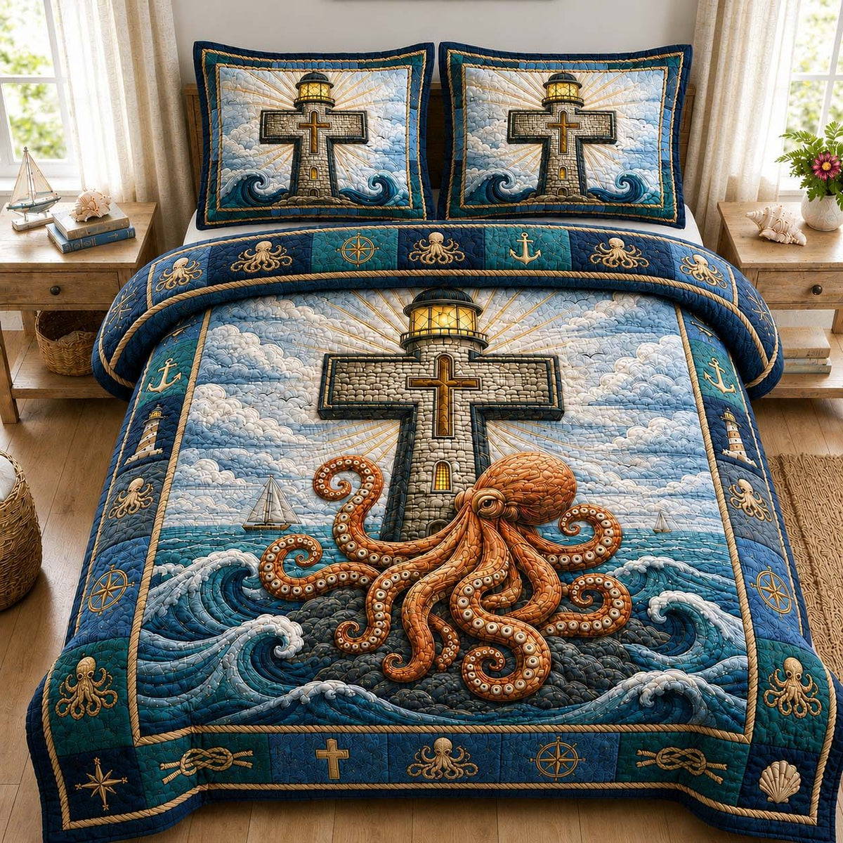 Golden Octopus Beacon quilted 3-piece bedding set on a made bed with two matching pillow shams