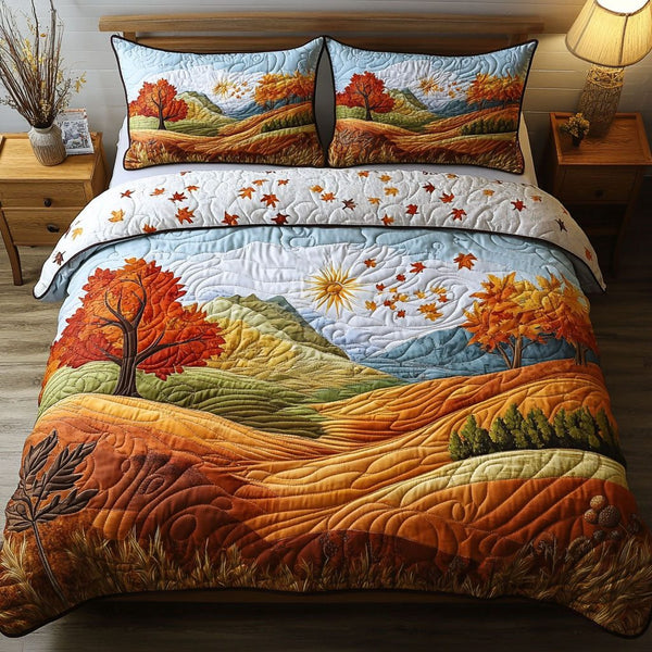 Golden Orchard quilted 3-piece bedding set on a made bed with two matching pillow shams