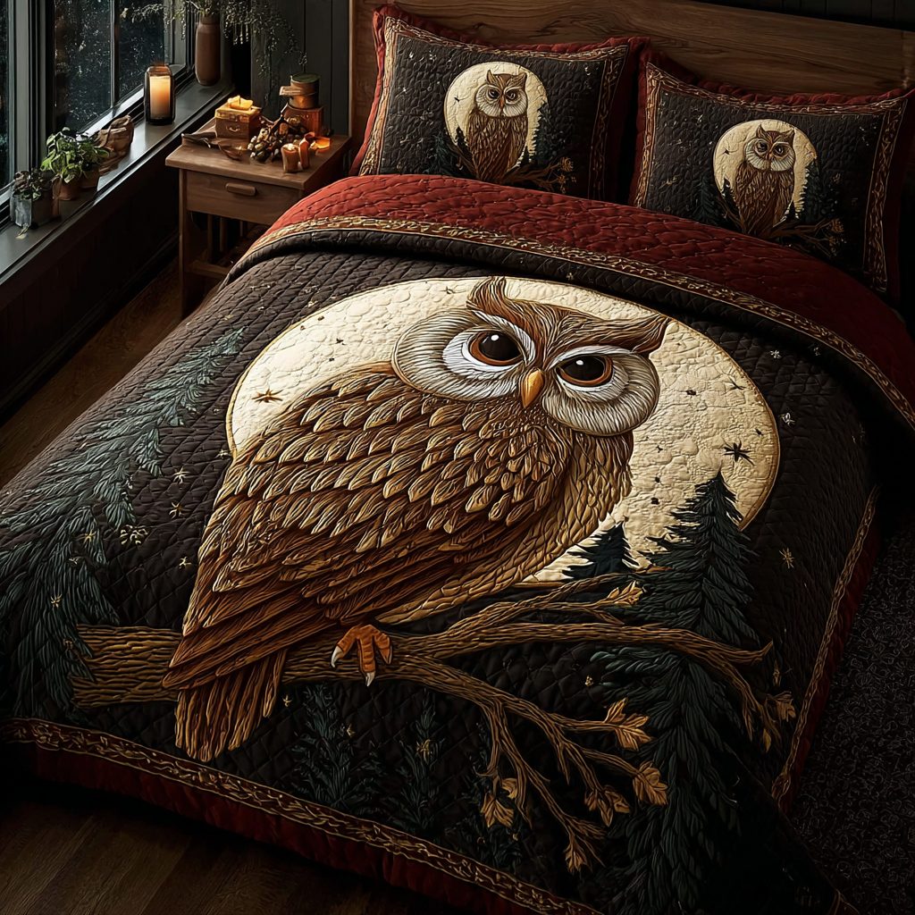 Golden Owl quilted 3-piece bedding set on a made bed with two matching pillow shams
