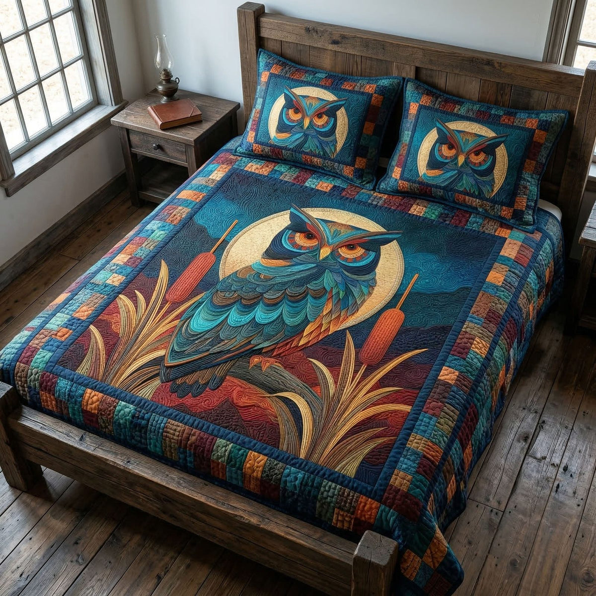 Golden Owl quilted 3-piece bedding set on a made bed with two matching pillow shams