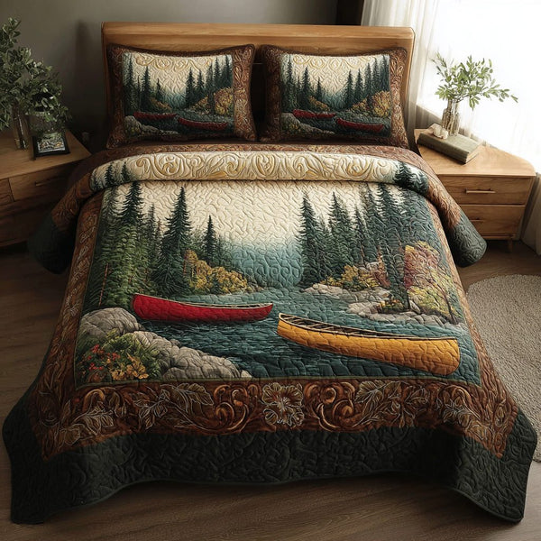Golden Paddle quilted 3-piece bedding set on a made bed with two matching pillow shams