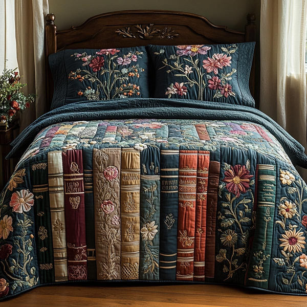 Golden Pages quilted 3-piece bedding set on a made bed with two matching pillow shams