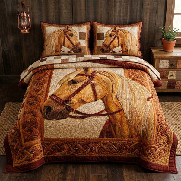 Golden Palomino quilted 3-piece bedding set on a made bed with two matching pillow shams
