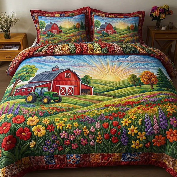 Golden Pasture quilted 3-piece bedding set on a made bed with two matching pillow shams